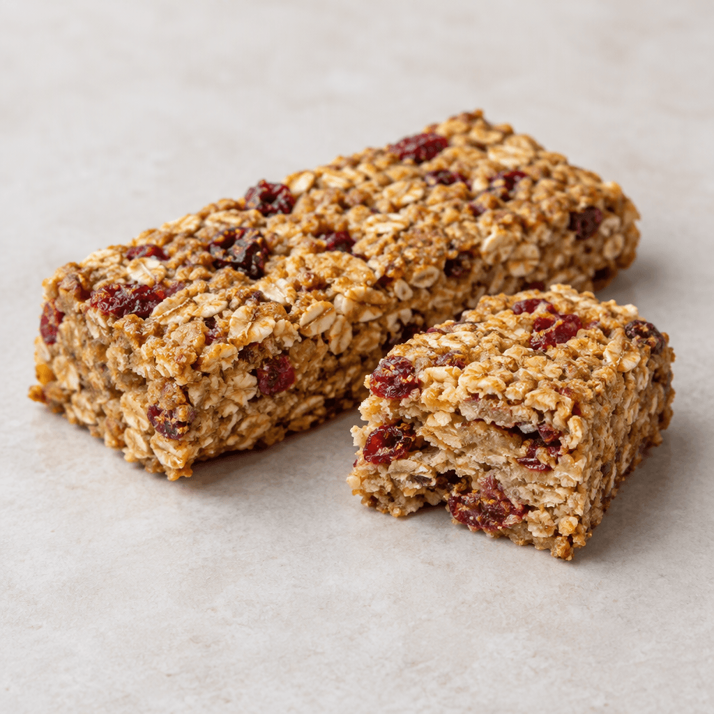 A rectangular, golden-brown oat bar with a rough, crumbly surface and visible red fruit pieces scattered throughout, shown whole and with one cut section revealing a dense, layered interior.