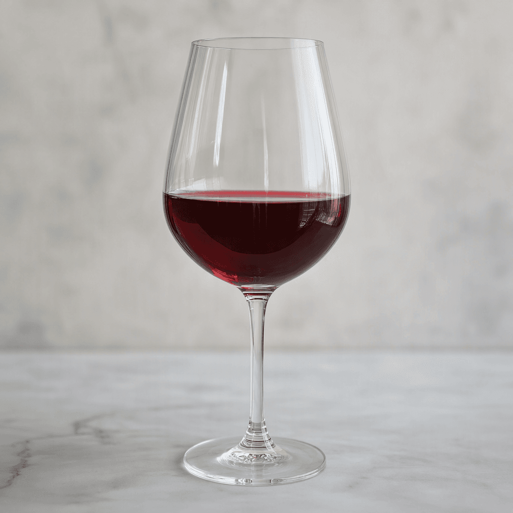 Deep ruby-red, translucent wine fills a clear stemmed glass, with brighter red highlights along its edges and a glossy surface.
