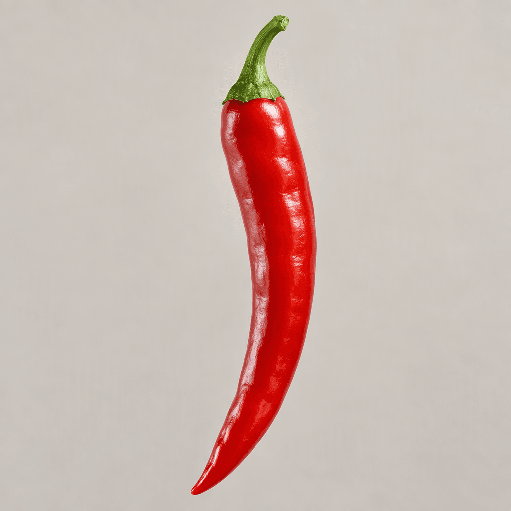 A slender, curved red chili pepper with a glossy smooth skin, a pointed tip, and a short green stem attached at the top.