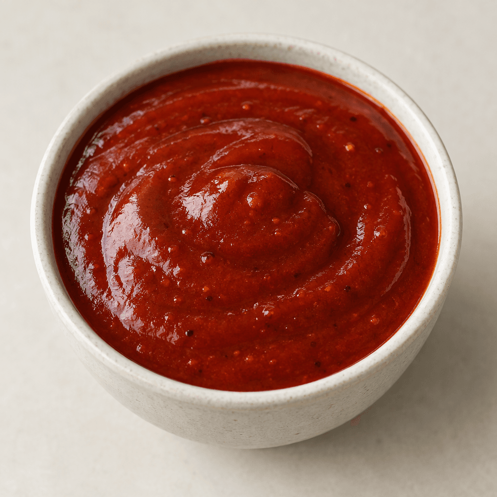 A thick, glossy deep-red sauce with a smooth, spoonable texture, served in a small bowl with a few fine darker red flecks visible on the surface.