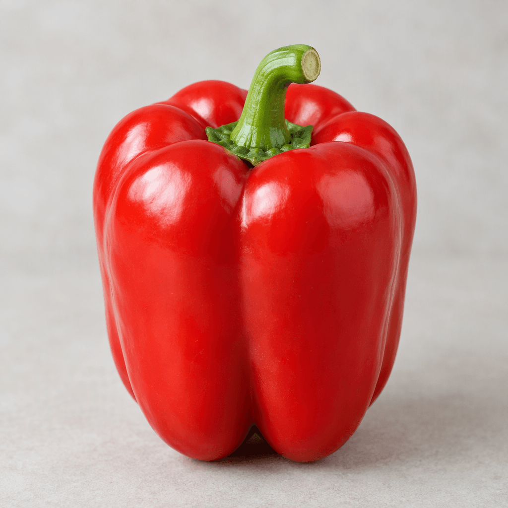 A glossy, bright red, bell-shaped sweet pepper with gently lobed sides, smooth firm skin, and a short green stem at the top.