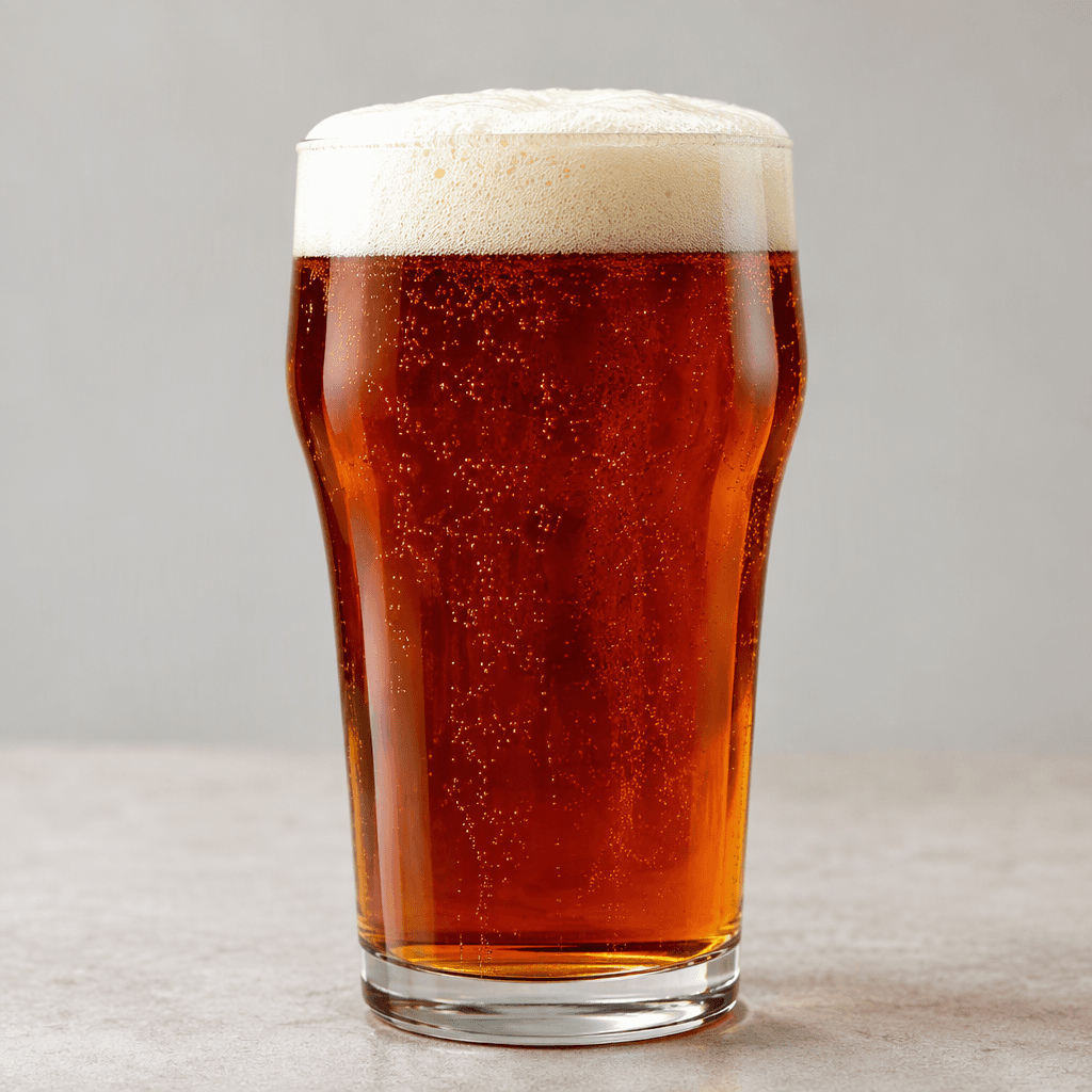 A clear, deep amber-red beer fills a glass, topped with a layer of fine white foam and dotted with tiny rising bubbles.