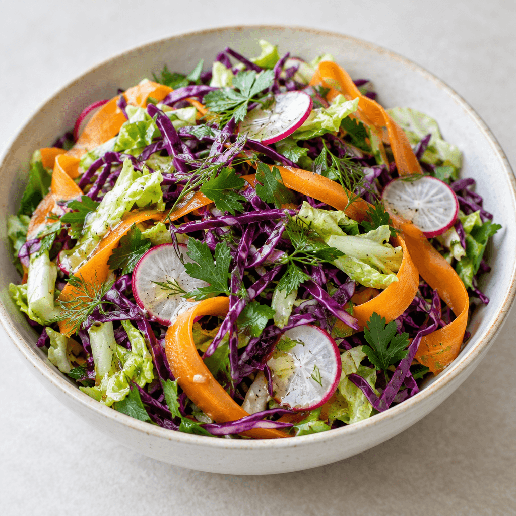 A colorful winter salad is arranged in a shallow bowl with finely shredded purple cabbage, pale green lettuce, orange carrot ribbons, thin white-and-pink radish slices, and fresh green herbs, with a light glossy dressing visible on the vegetables.