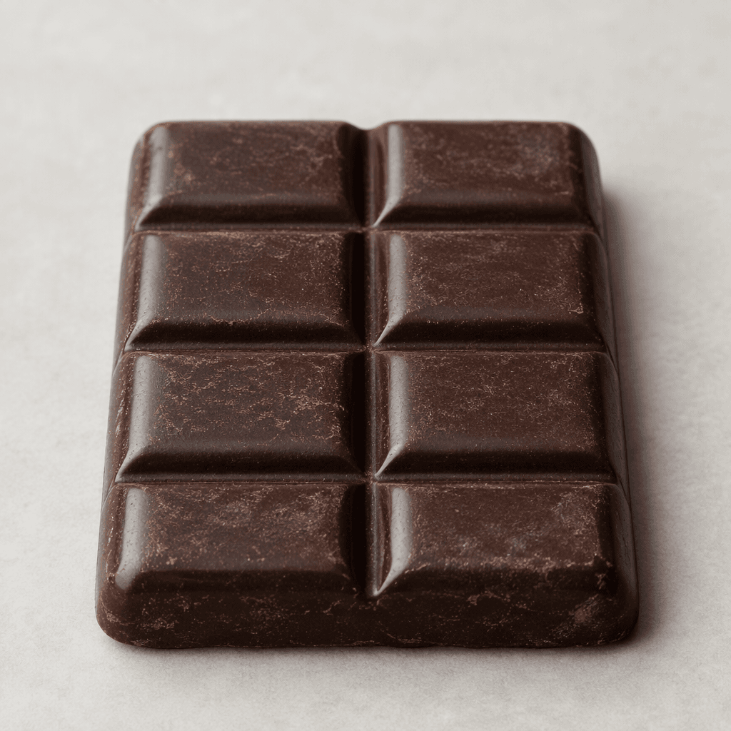 A thick, rectangular bar of dark brown chocolate with rounded edges and a lightly textured surface, divided into raised sections and shown whole on a plain surface.