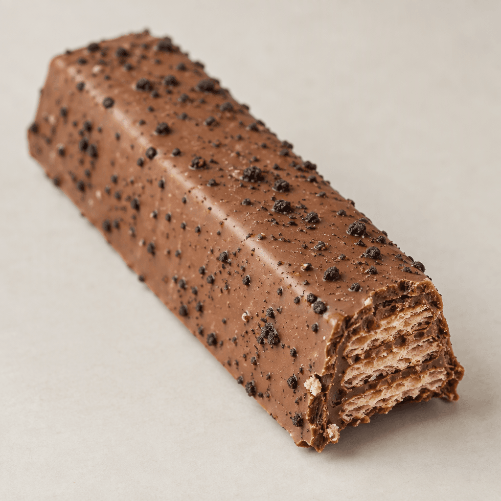 A thick, elongated rectangular bar coated in milk chocolate, with small dark cookie crumbs scattered across its surface and crisp wafer layers visible at the broken end.