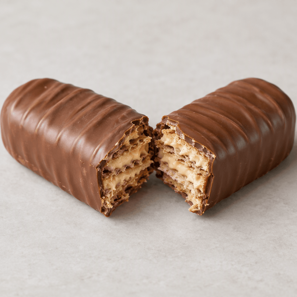 A thick, oblong bar with rounded edges, coated in smooth milk chocolate and marked with shallow lengthwise grooves, with crisp wafer layers and pale hazelnut filling visible where it is broken.