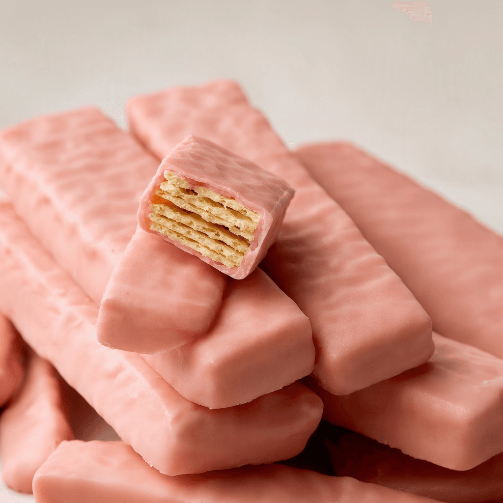 Slim rectangular wafer fingers are coated in pale pink chocolate, with a crisp, finely layered wafer visible where one is broken.