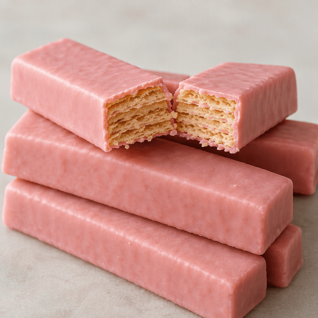 Slim, rectangular wafer fingers coated in pale pink chocolate, with a smooth surface and crisp, thin golden wafer layers visible where one is snapped open.