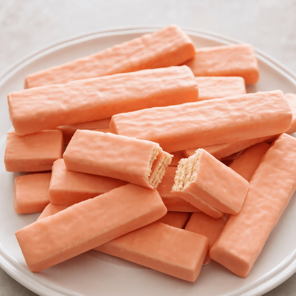 Several slim, rectangular wafer fingers coated in pale peach-pink chocolate are arranged on a plate, with crisp layered wafer visible on a broken piece.