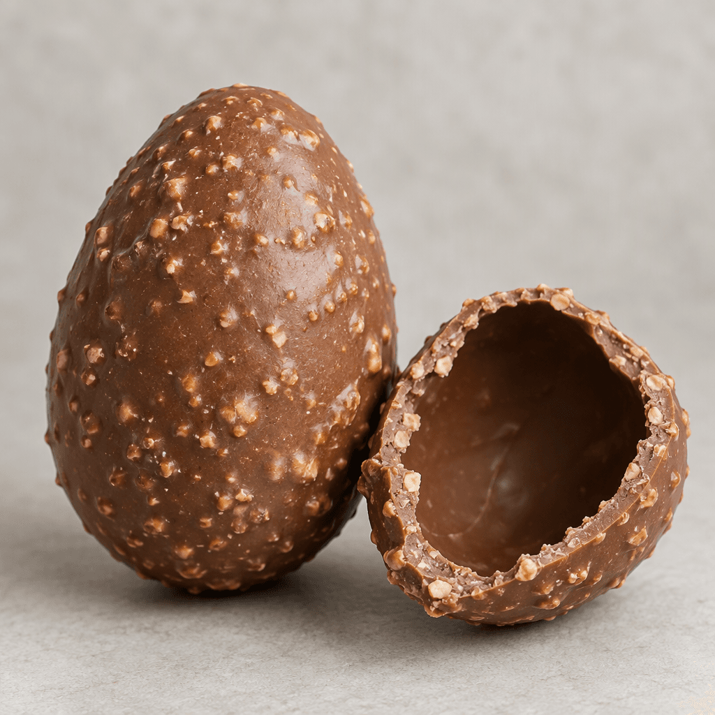 Pürüzsüz kahverengi yüzeyinde çıtır gofret parçaları görülen yumurta biçimli sütlü çikolata, içinin boşluğunu gösteren kırık bir parçasıyla birlikte sunuluyor.