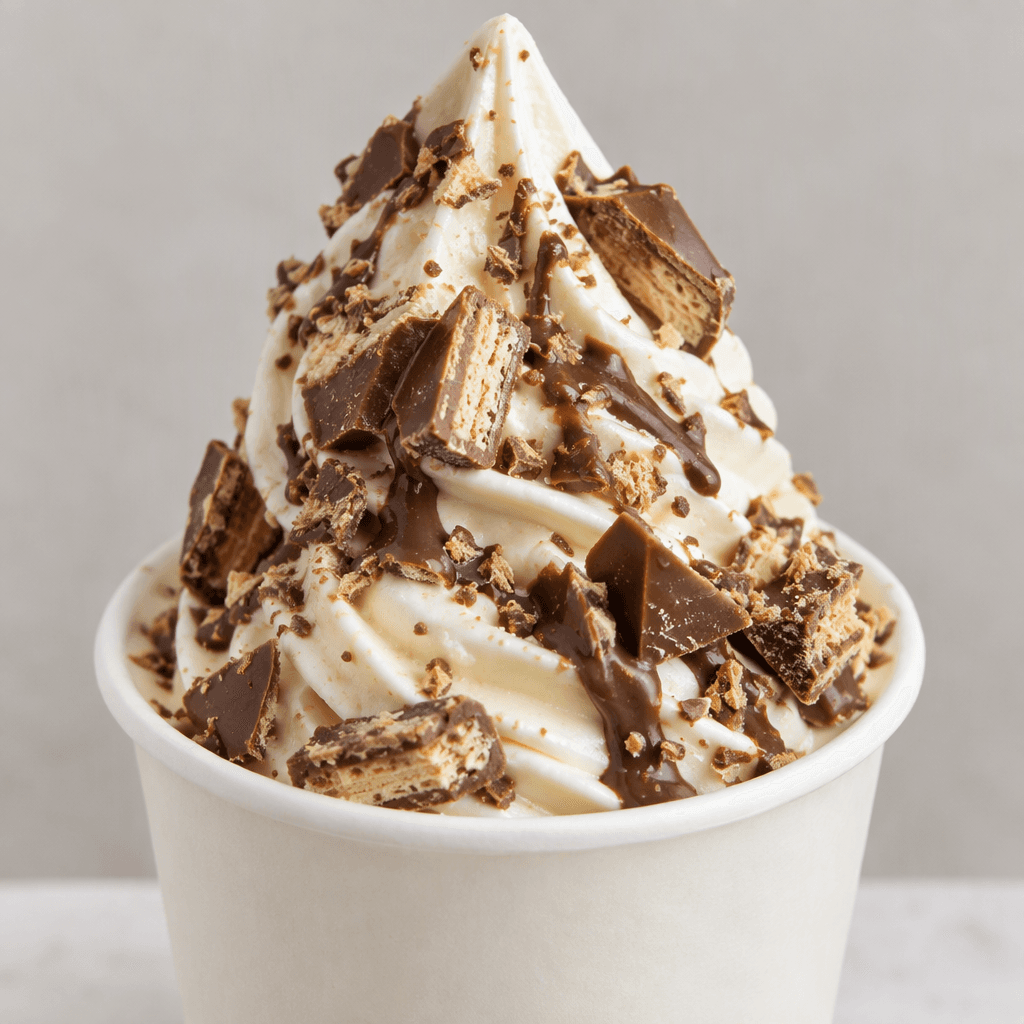 A mound of pale vanilla soft serve in a cup, streaked and topped with irregular pieces of milk chocolate coating and crisp wafer.