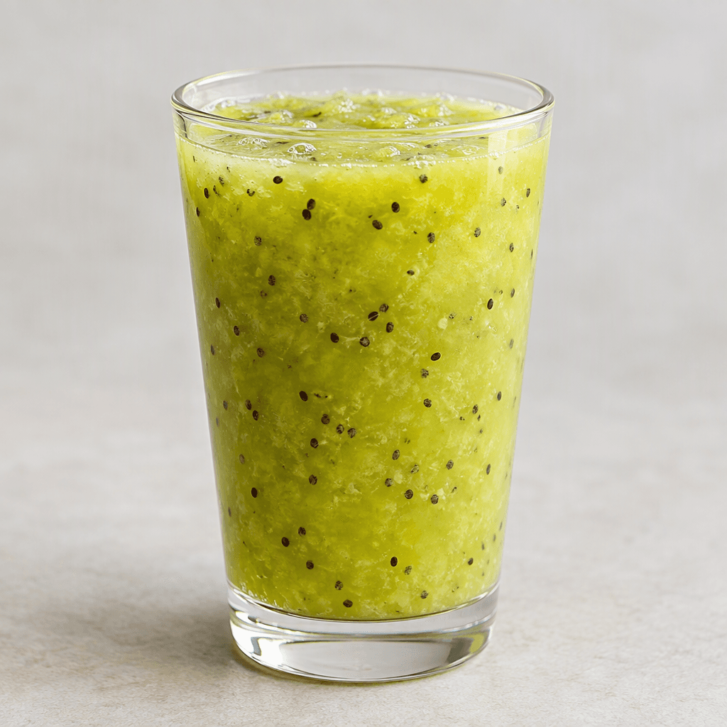 A bright yellow-green drink with a slightly pulpy texture and tiny dark kiwi seeds suspended throughout, served in a clear glass.