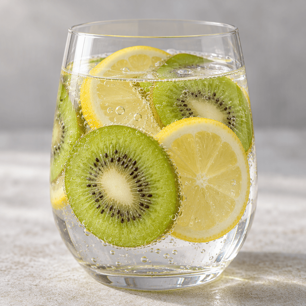 Clear, lightly sparkling water is served in a glass with thin green kiwi slices, pale yellow lemon slices, and a few visible bubbles.