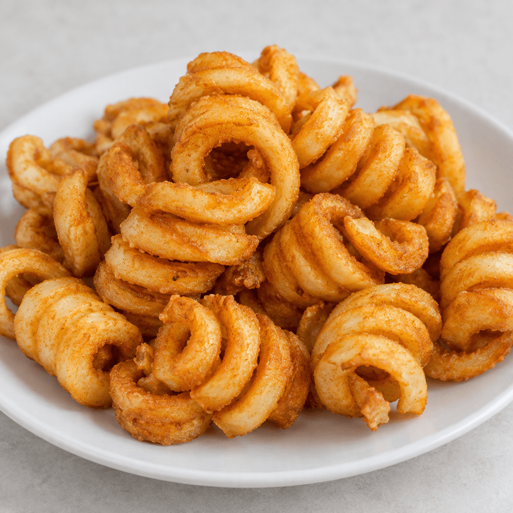 A pile of golden-brown, ridged potato strips spiraled into tight curls, with crisp textured surfaces and pale yellow edges, served on a plain plate.