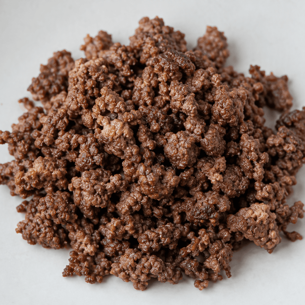 Loose, crumbly browned ground beef in small irregular pieces, mostly deep brown with a few lighter tan bits and little visible fat.