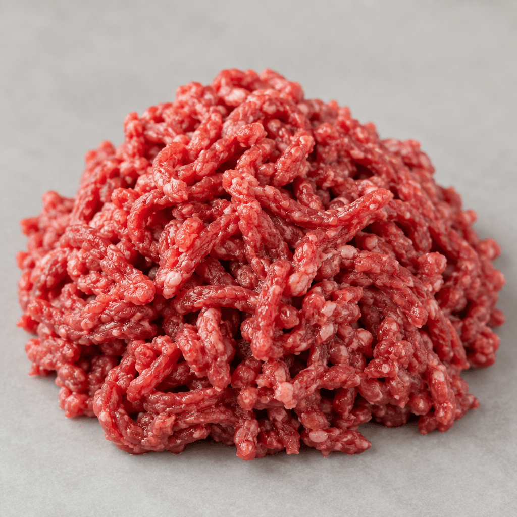 A loose mound of raw ground beef made of finely minced, irregular red and pink pieces with thin strands and a slightly moist surface.