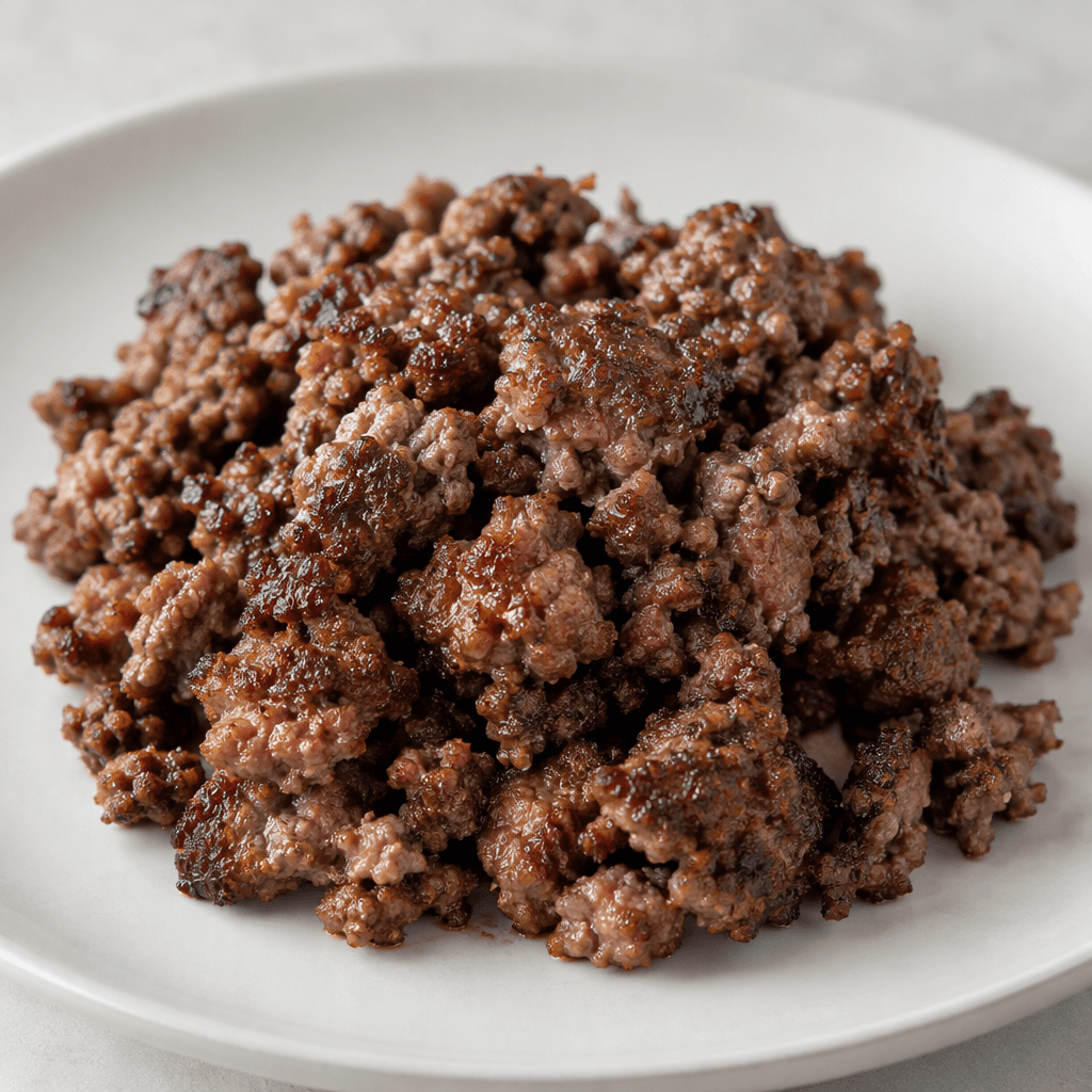Small, irregular crumbles of ground beef with browned edges and dark brown surfaces, showing a few moist reddish-brown areas, loosely piled on a plain plate.