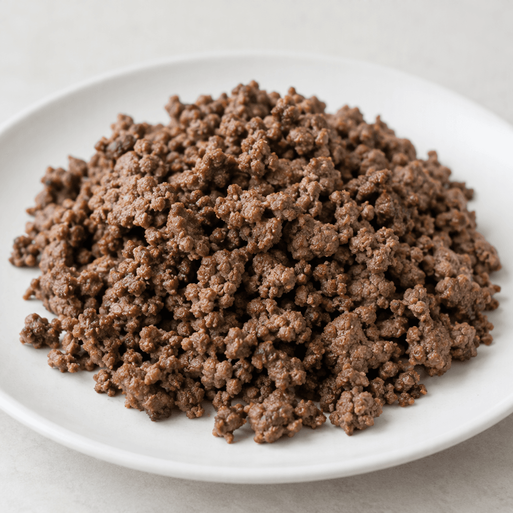 A loose mound of small, irregular crumbles of cooked ground beef, medium to dark brown with a dry, slightly coarse texture and no visible oil, served plain on a plate.