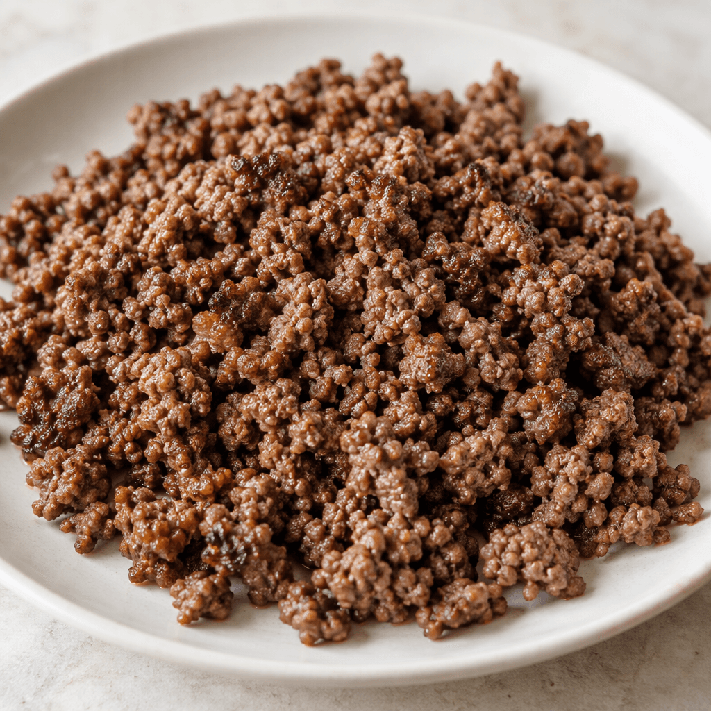 Small, irregular crumbles of lean ground beef, browned from tan to deep brown with a fine, slightly crumbly texture, loosely piled on a plate.