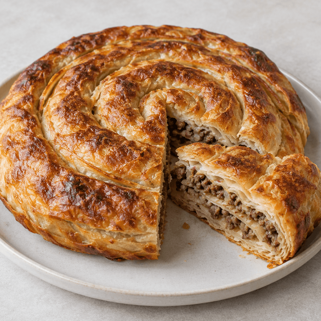 İnce ve gevrek katmanlardan oluşan, sıkıca kıvrılmış yuvarlak bir börek; üzeri koyu altın-kahverengi ve yer yer kabarcıklı, dilimlendiğinde açık renkli katmanların arasında nemli, ince ufalanmış kıyma görülüyor ve tabakta servis ediliyor.