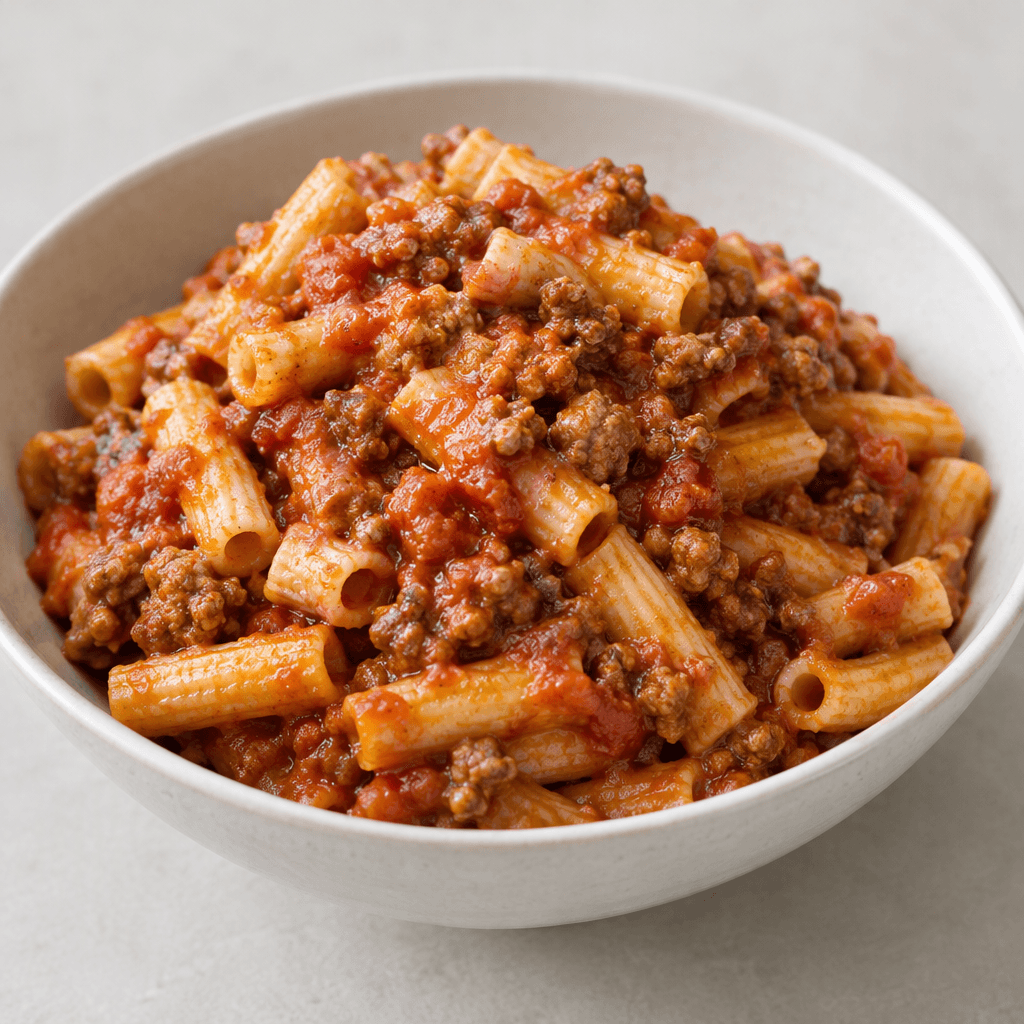 Short cooked pasta is coated in a thick red tomato sauce with visible browned minced meat scattered throughout, served in a simple bowl as a loose mound with a moist, slightly glossy surface.