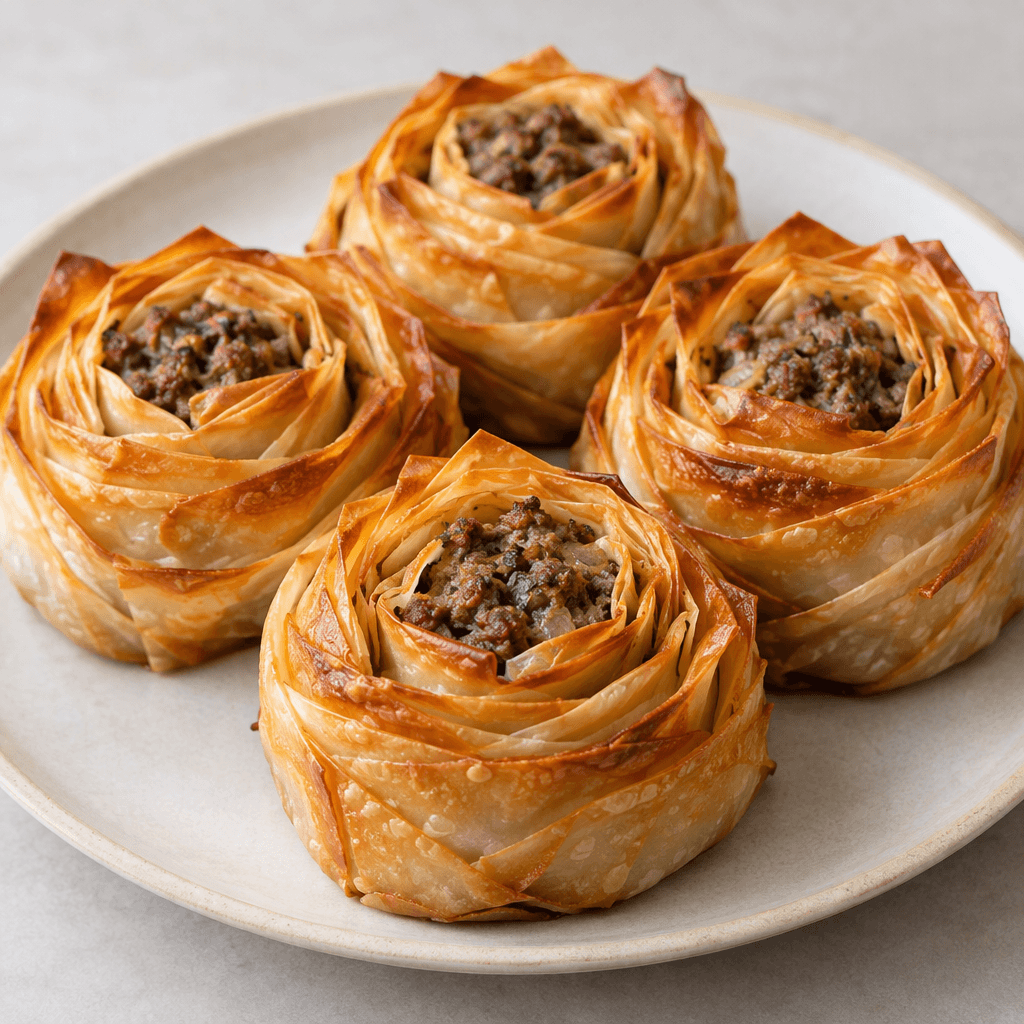 Individual round pastries made from thin, tightly spiraled layers of golden-brown filo wrapped around a visible minced-meat filling, shaped like open roses with crisp ridged petals and served together on a plate.