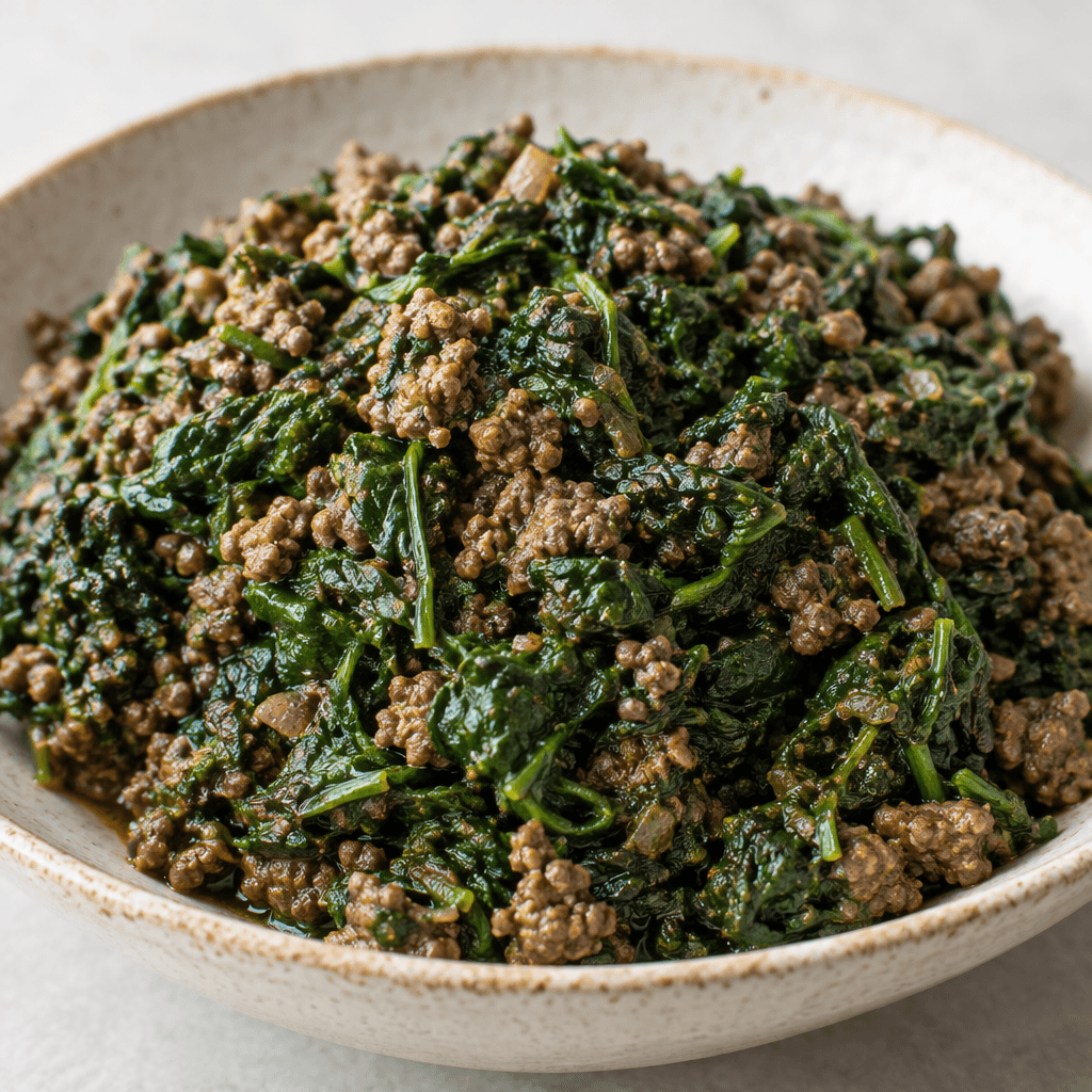 A rustic serving of chopped dark-green spinach mixed with browned ground beef, showing small crumbled meat pieces throughout, with a moist, loosely mounded texture in a shallow dish.