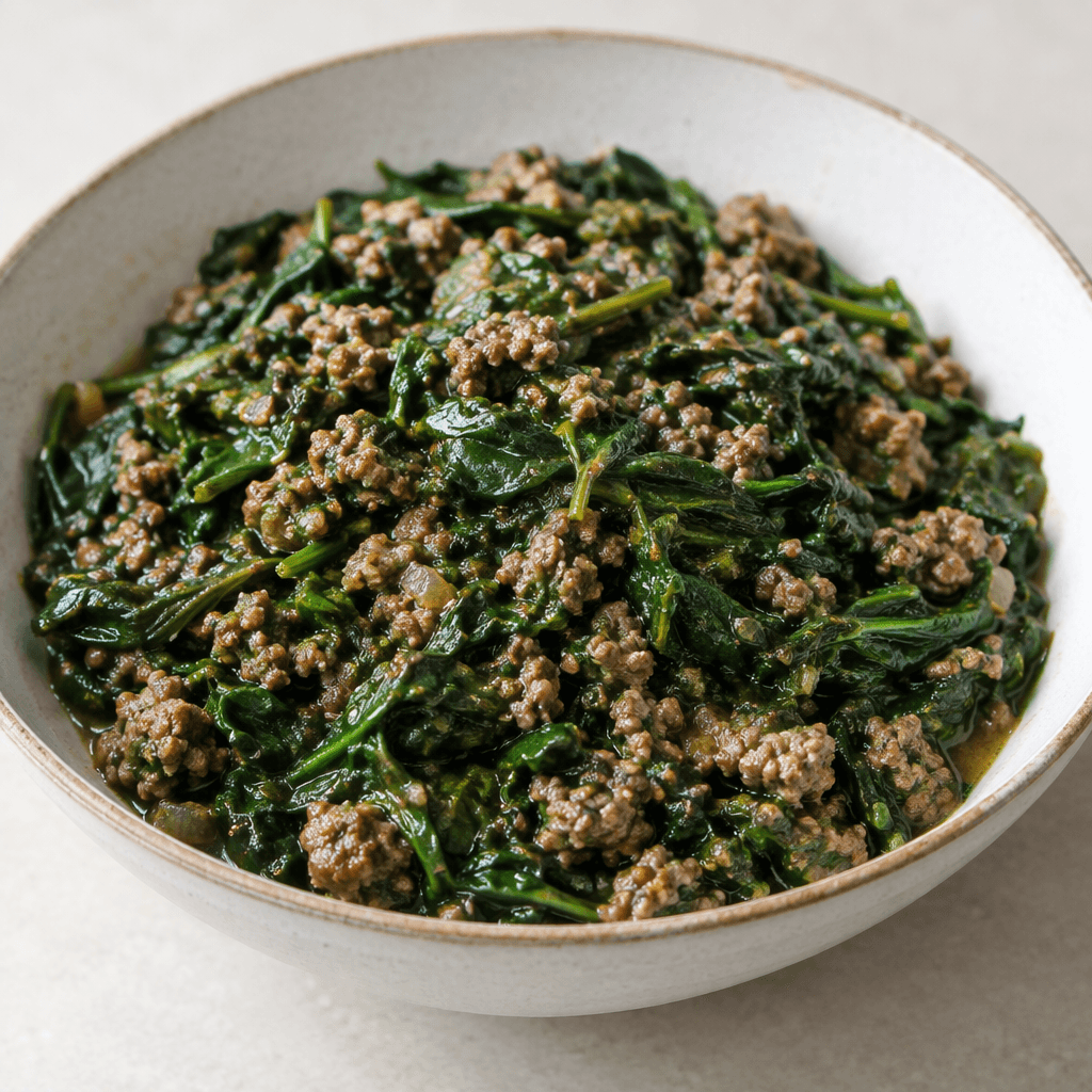 A thick, rustic stew of dark green wilted spinach and small browned crumbles of ground beef, with a moist, slightly glossy surface, served in a shallow bowl.
