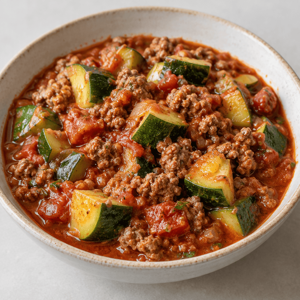 A rustic stew of chunky green zucchini pieces and browned crumbled ground beef in a glossy red tomato sauce, served in a shallow bowl with the ingredients visibly nestled together.