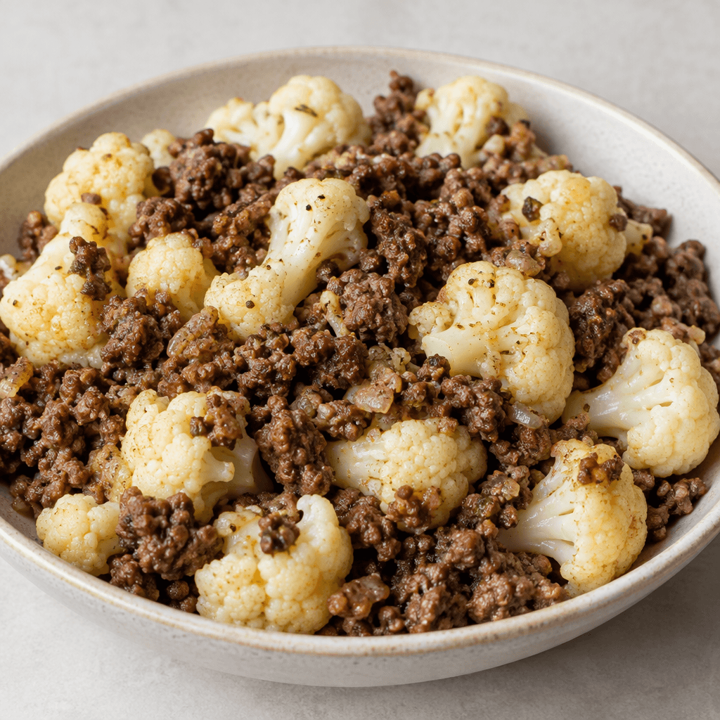 Tender white cauliflower florets are mixed with browned, crumbly ground beef and served in a shallow dish, with the pale florets contrasting against the deep brown meat.