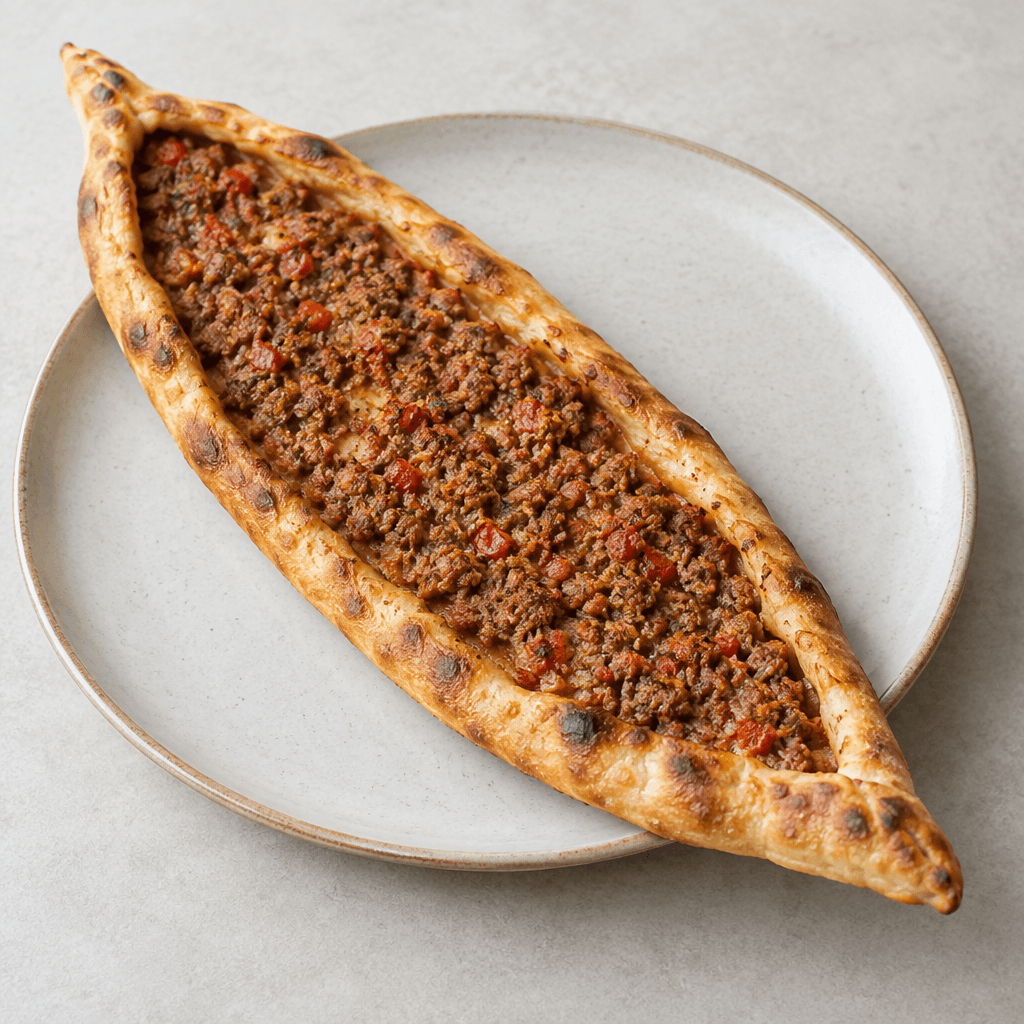 An elongated, boat-shaped flatbread with a golden-brown, slightly blistered crust and raised edges, covered with a thin, crumbly layer of browned minced meat with visible flecks of red pepper and tomato, served whole on a plate.