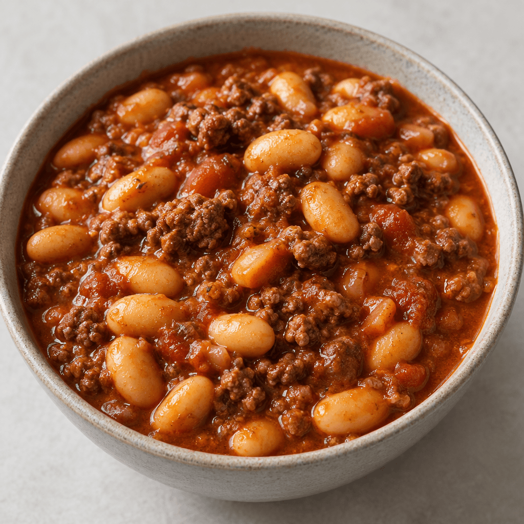 A thick, glossy reddish-brown stew fills a deep bowl, with plump pale beans and small browned crumbles of ground beef visible throughout, lightly coated in a tomato-colored sauce.