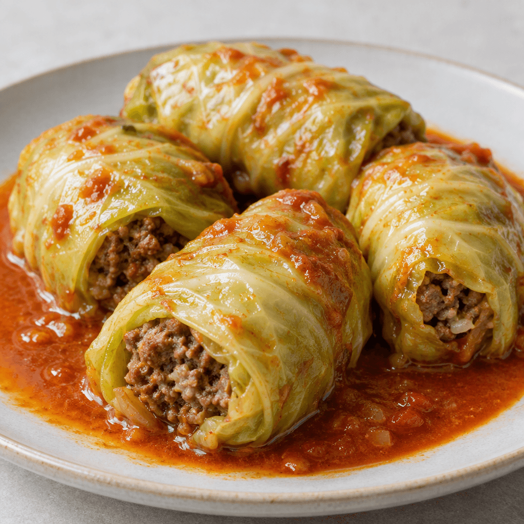 Several plump rolls of pale green cabbage leaves, tightly wrapped around a crumbly browned ground-beef filling, are arranged on a plate with a glossy reddish sauce pooling around them.