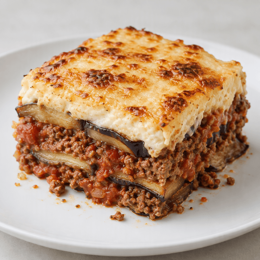 A square-cut layered casserole of browned ground beef, sliced eggplant and tomato sauce, topped with a thick pale golden béchamel layer lightly browned in uneven patches, served on a white plate with clean sides and a few loose crumbs.