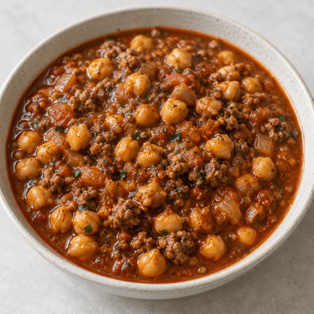 A hearty stew of plump beige chickpeas and small browned pieces of ground beef in a thick brick-red tomato sauce, served in a shallow bowl with a glossy surface and visible flecks of herbs and softened onion.