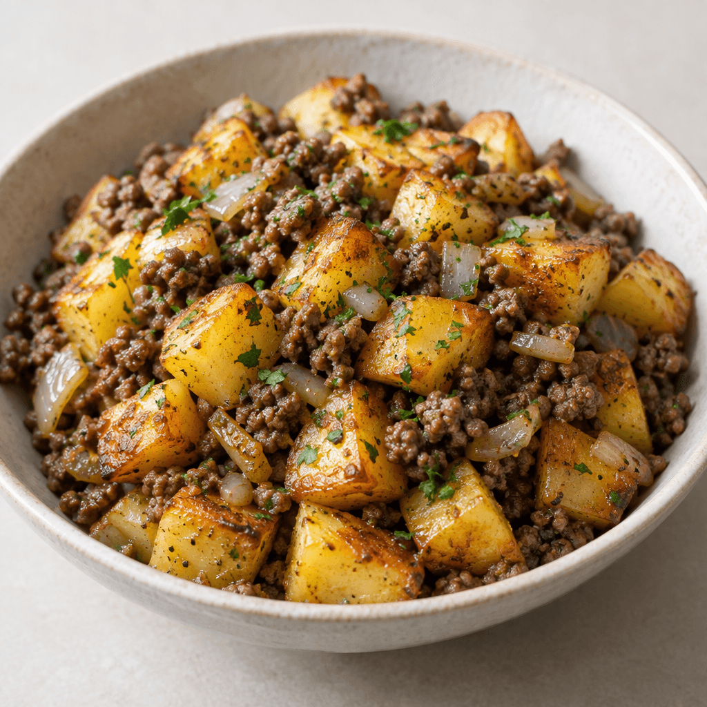 Chunky golden-brown potato cubes are mixed with browned, finely crumbled ground beef and scattered small pieces of translucent onion, served in a shallow ceramic bowl with a lightly glossy surface and a few green herb flecks on top.