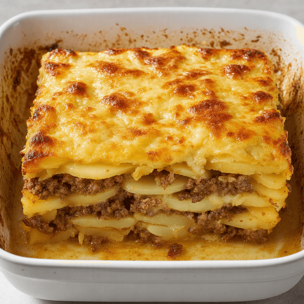 A square serving of layered potato casserole sits in a baking dish, with tender pale-golden potato slices, browned ground beef between the layers, and a lightly browned, melted cheese topping.
