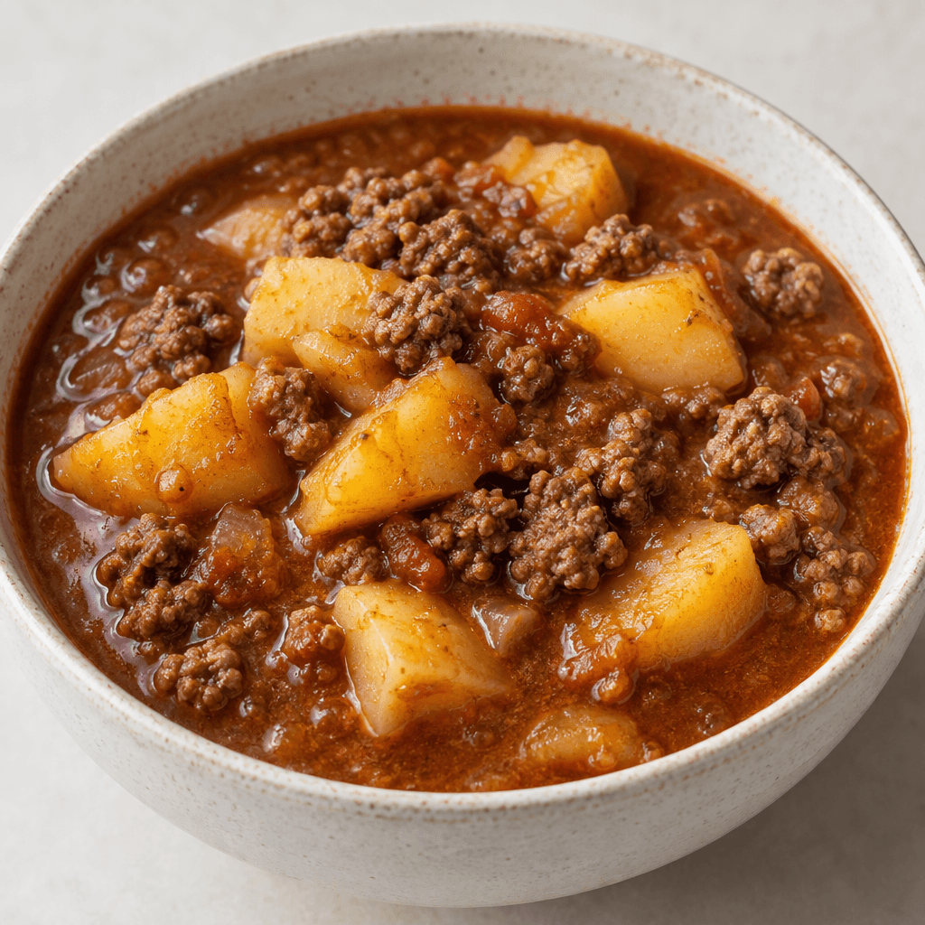 A bowl of chunky potato pieces and browned ground beef sits in a thick reddish-brown stew, with the irregular meat crumbles and softened potato edges visible in the glossy broth.