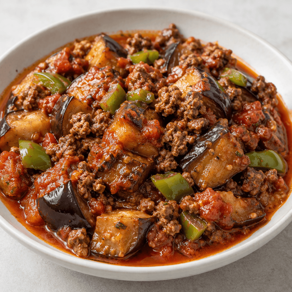 Tender eggplant pieces with browned crumbled ground beef are arranged in a shallow serving dish, coated in a deep red tomato sauce with scattered green pepper pieces and a light sheen of oil.