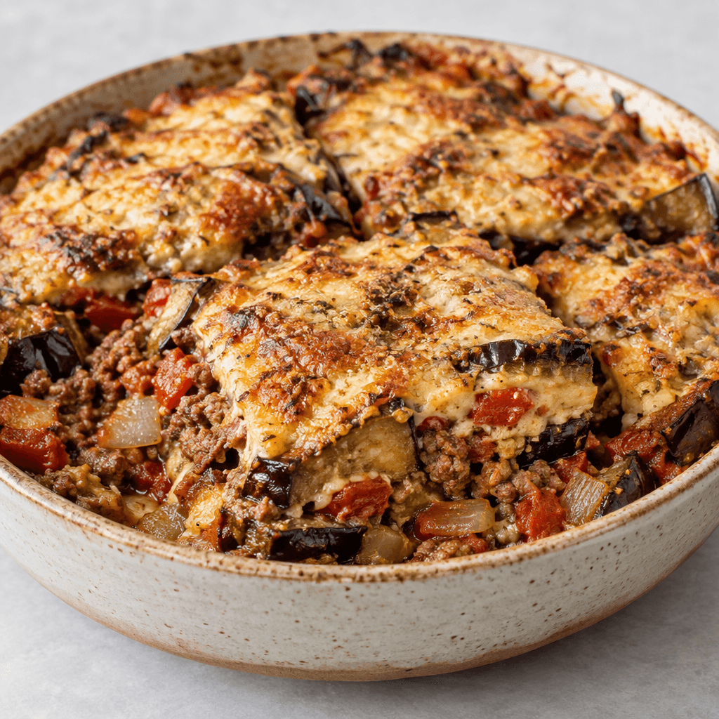 A rustic baked casserole in a shallow ceramic dish, with tender purple-skinned eggplant pieces and browned ground beef visible among red tomato and onion, topped with a lightly browned, uneven surface and served in generous square portions.