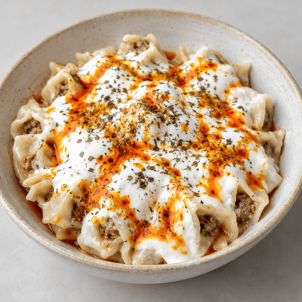 Small folded dough dumplings filled with ground beef sit in a shallow bowl beneath thick white garlic yogurt, with a glossy red-orange butter drizzle and a light sprinkle of dried herbs.