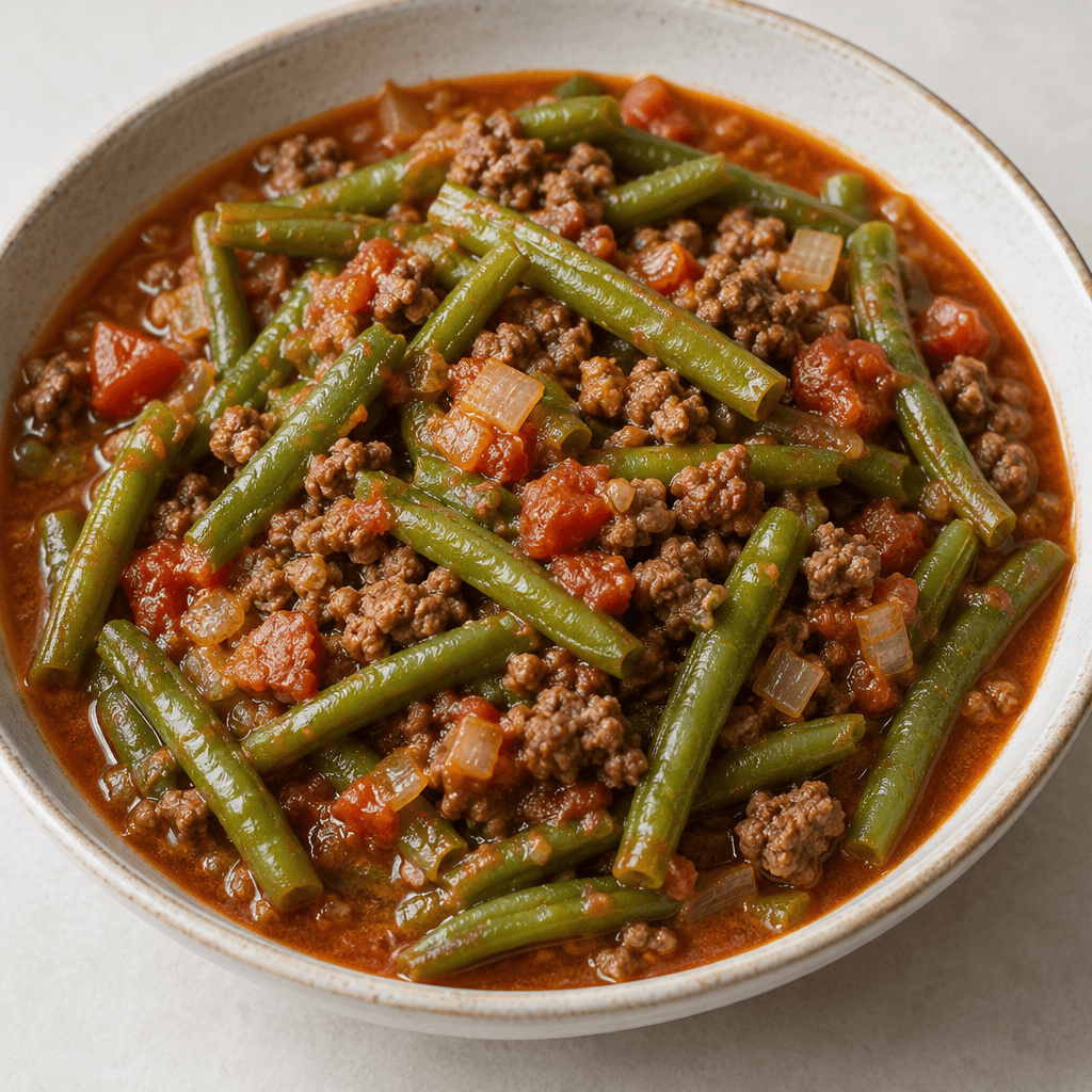 A hearty stew of whole green beans and crumbled browned ground beef in a reddish tomato-based sauce, with the beans visibly tender and glossy, served in a shallow bowl with small pieces of onion and tomato scattered throughout.
