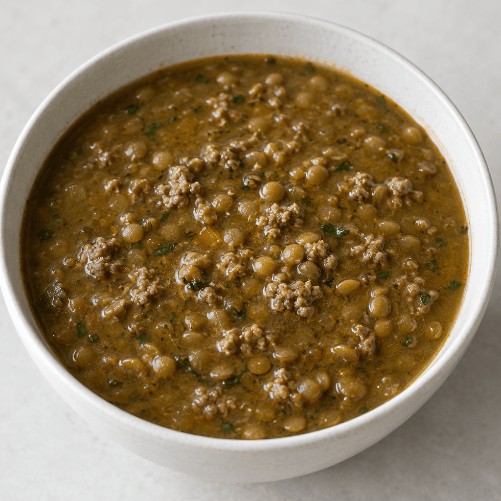 A bowl of thick, earthy brown-green soup with visible green lentils and small browned ground-beef crumbles suspended in the broth, served hot with a slightly textured surface.