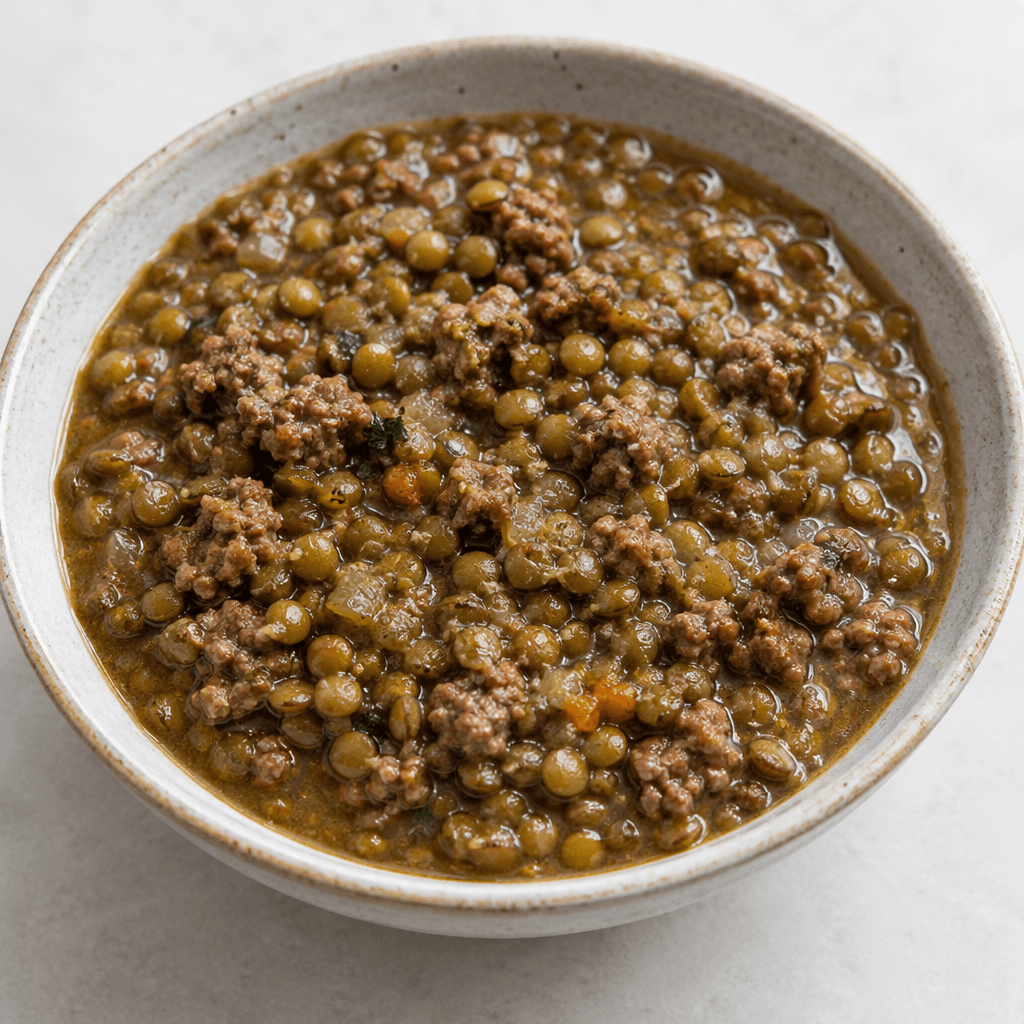 A thick, rustic stew of green lentils and small browned crumbles of ground beef fills a shallow bowl, its surface mottled olive-green and deep brown with a slightly glossy, brothy texture.