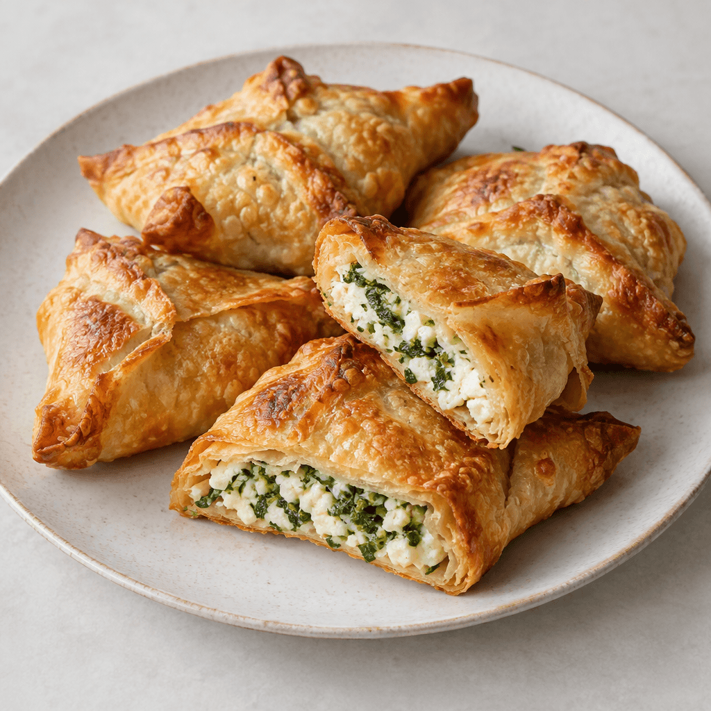 Golden-brown, crisp pastry parcels with blistered surfaces and slightly irregular folded edges are arranged on a plate, with a few showing a filling of pale white cheese and finely chopped green herbs.