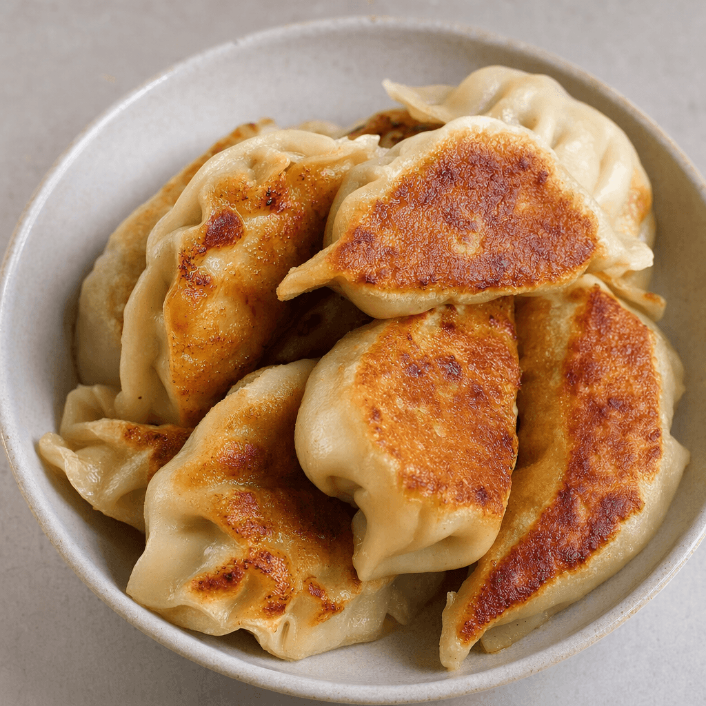 Several small, crescent-shaped wheat-dough parcels sit together on a plate, their pleated edges pale and their broad undersides crisp and golden brown with a few darker patches.