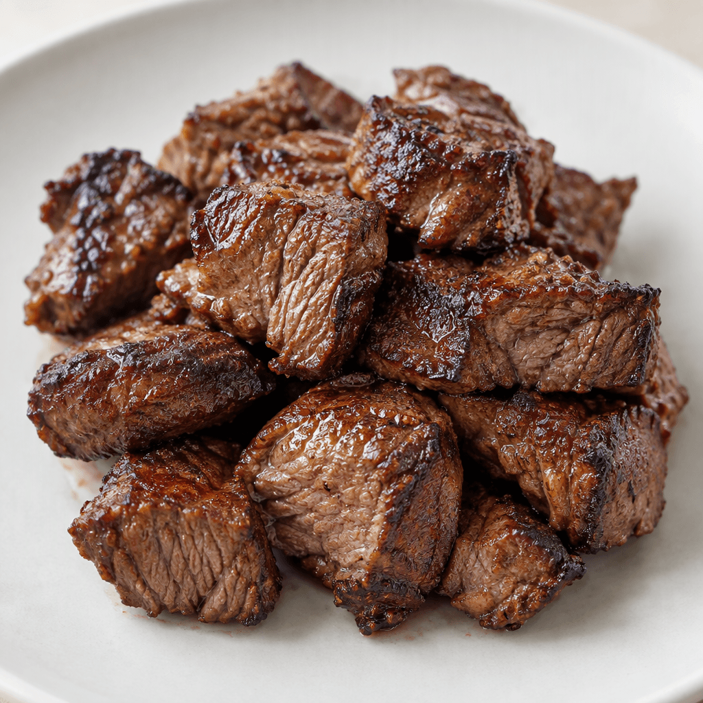 Irregular pieces of beef with deeply browned, lightly glossy surfaces and darker seared edges sit on a plain plate.