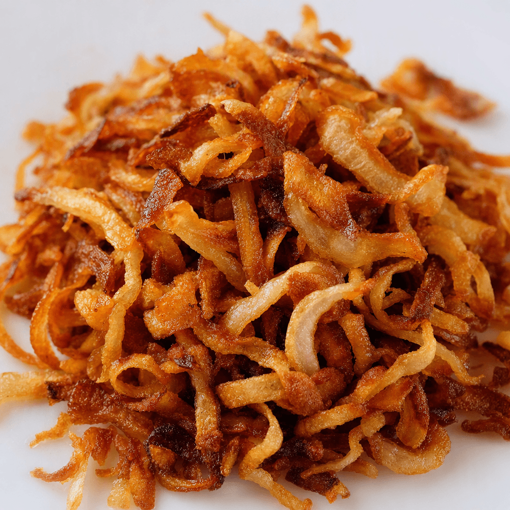 A small pile of thin, irregular onion pieces, crisp-looking and golden to deep brown, with curled edges and a lightly crinkled texture.
