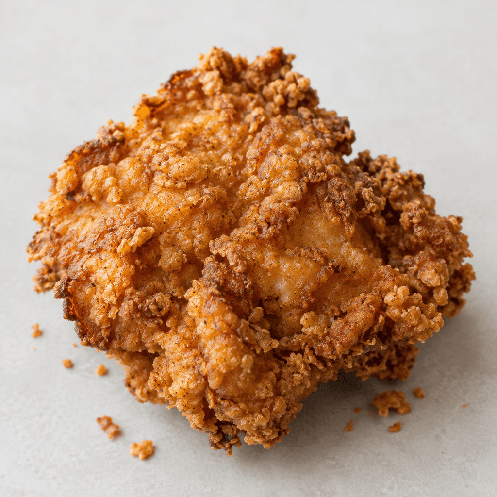 A single irregularly shaped chicken portion is covered in a thick, craggy golden-brown coating with darker crisp ridges and a few small flakes scattered around it.