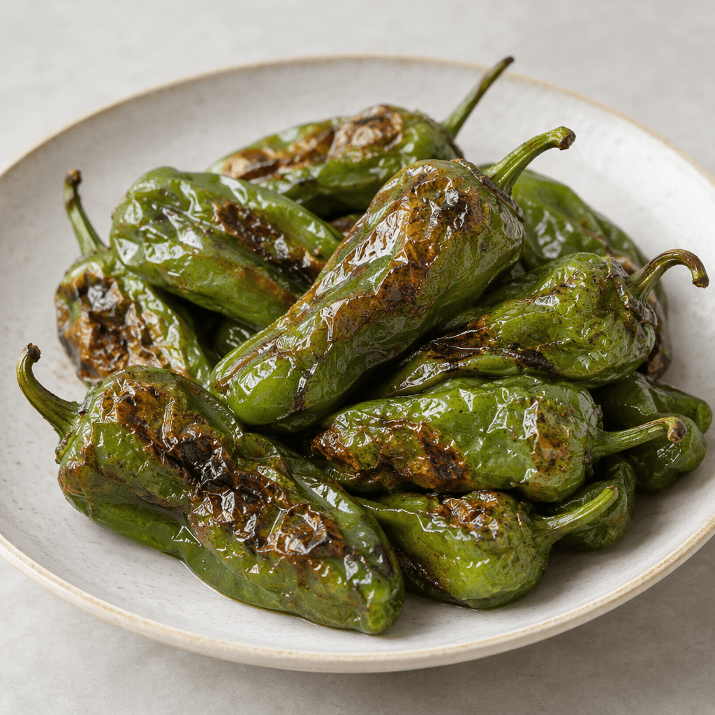Whole green peppers with softened, slightly wrinkled skins, browned blistered patches, and a glossy surface, served together on a plate with their stems attached.